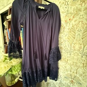 Boho Tassel-Front Lace Trim Mini Dress in Navy